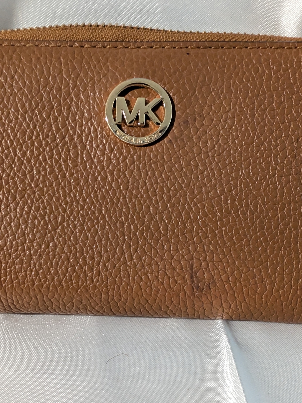 Michael Kors Cognac Pebbled Leather Zip-Around Wallet with Gold MK Emblem